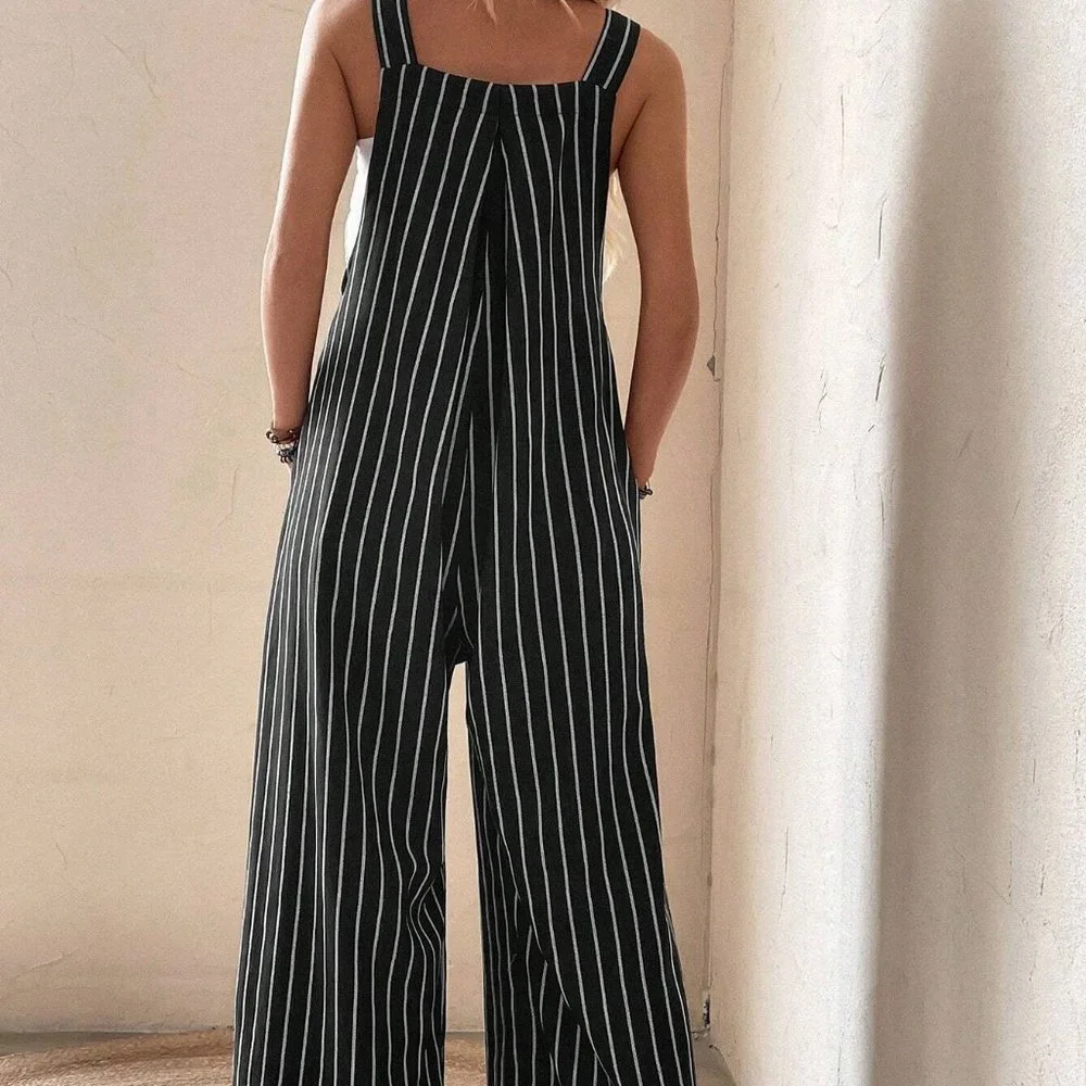 Black Casual Womens Striped Print Slant Pocket Wide Leg Overalls Without Top - Picture 2 of 5